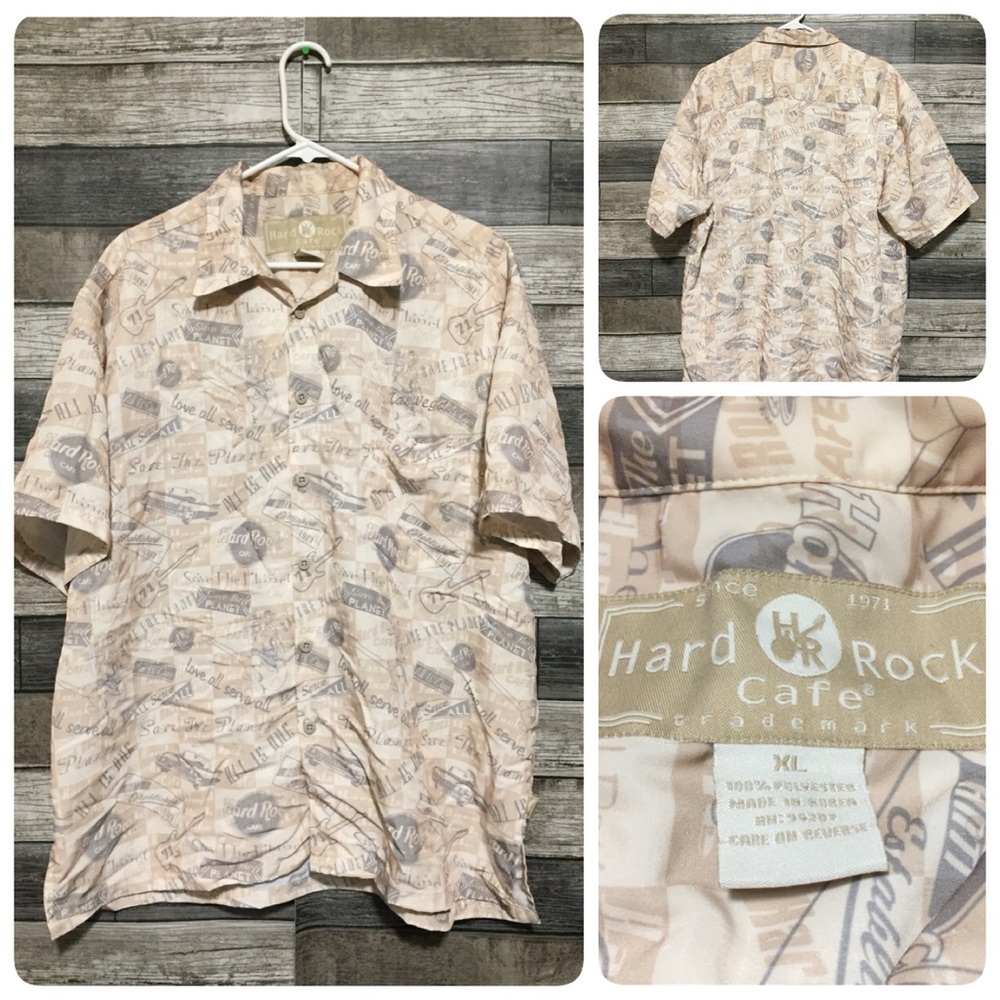 Hard Rock Cafe Hawaiian Shirt Men’s XL Cream Tan Polyester All Over Print